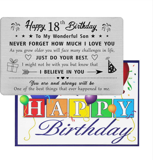 FALOGIJE 18th Birthday Card Gifts for Son, Engraved Metal Wallet Card for 18 Year Old Son Birthday Gifts
