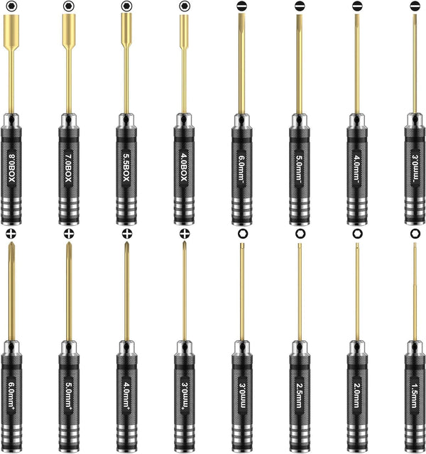 RCpow Car Tool Kit - 16pcs Screwdriver Tool Set Includes Flat, Phillips, Hex,