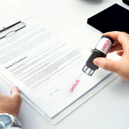 Self Inking Rubber Stamp - Refillable Red Ink Preinstalled, (9/16" x 1-1/2") (Cancelled)