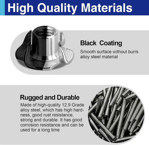 Usdrwam 100 Pack 1/4"-20 4-Prong T Nuts for Wood, Black Carbon Steel Tee Nuts for Furniture, Cabinets, and Rock