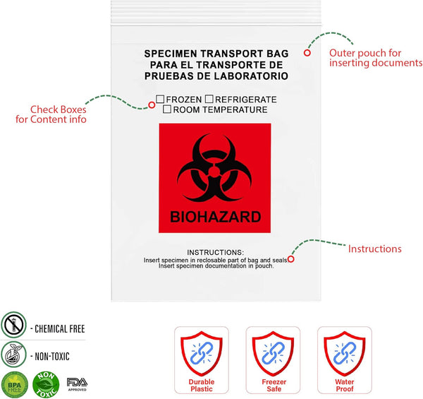 GPI - 8" X 10" 100 Pack, Biohazard Specimen Zip Bags, 2 Mil Thick for Laboratory or Health Care Facility Samples