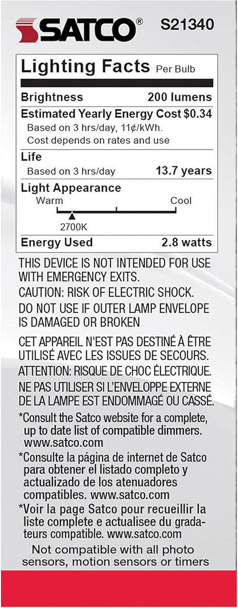 Satco S21340/06 2.8-Watt E12 Bulbs, 2700K, 15000 Dimmable, 6 Pack LED Light Hour Rating