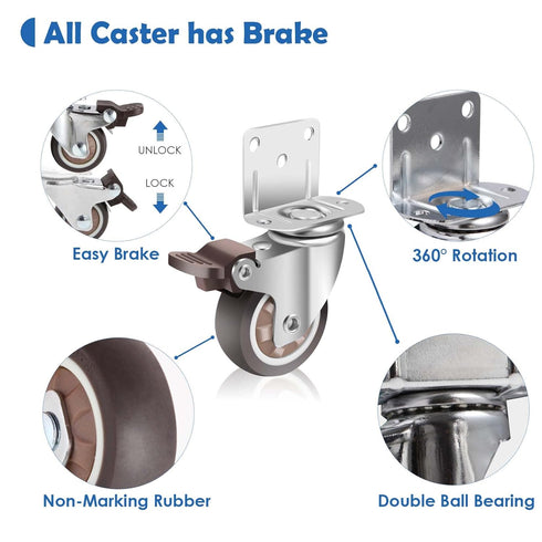 W B D WEIBIDA Side Mount Casters Wheels, 2 Inch L-Shaped Small Rubber Casters, Set of 4, Light Duty for Furniture
