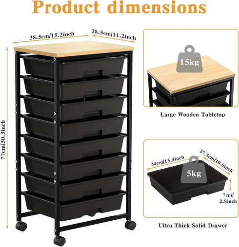 pofluany 8-Drawer 15kg 4 2 8 5kg, Rolling Storage Cart, Mobile Storage Cart, Office Utility Carts with Wooden Top Load