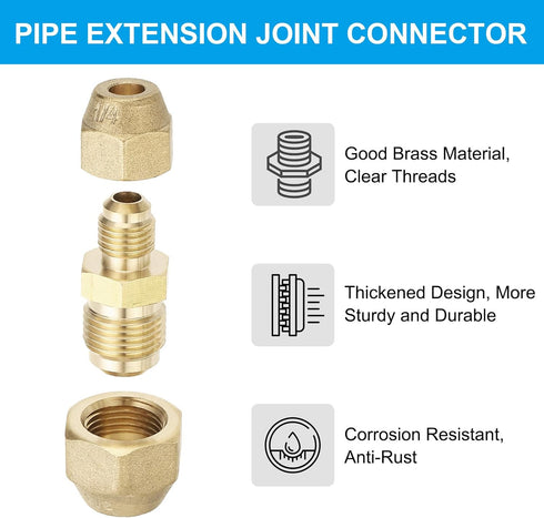 PATIKIL 1/4" to 3/8" Pipe Extension Joint Connector, Free Welding Brass Coupler with 2pcs Flare Nuts for AC