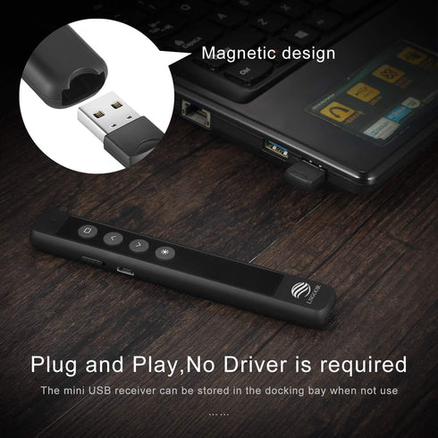 Rechargeable Presentation Clicker for PowerPoint - RF 2.4GHz Wireless Presenter Remote with Laser Pointer, Compatible