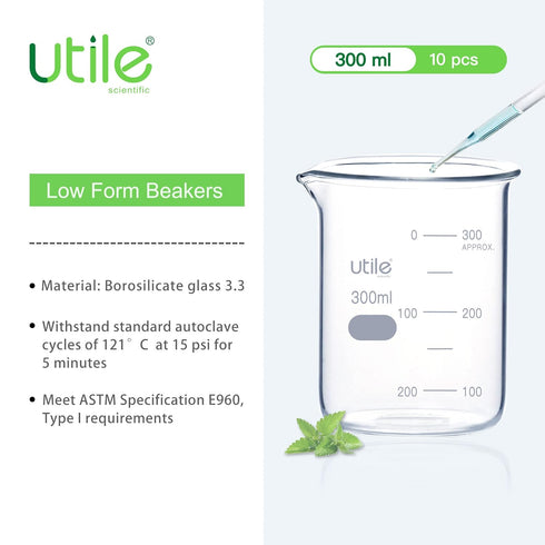 Utile 300ml Low Form Glass Beakers, 10 Pcs Borosilicate 3.3 Glass with Printed Graduation
