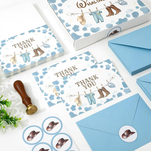 50 Pack Whaline Western Cowboy Baby Shower Thank You Card Boxed Blue Cow Print Baby Clothes Greeting Cards