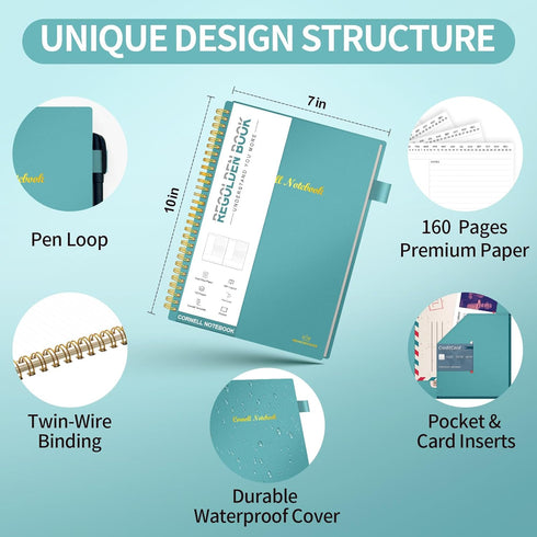 Regolden-Book Cornell Notes Notebook, Study Note Taking System, Spiral Notebooks, College Ruled Steno Pads for School