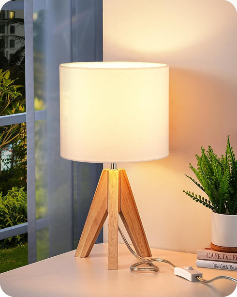 EDISHINE Small Cute Table Lamp, Wood Tripod Nightstand Lamp, Mid Century Bedside