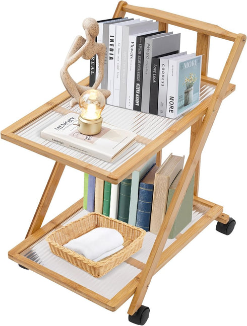 jyjoETPOF 2-Tier Bamboo Rolling Cart,Multipurpose Heavy Duty Cart,Multipurpose Storage Rack,Utility Cart,High Capacity