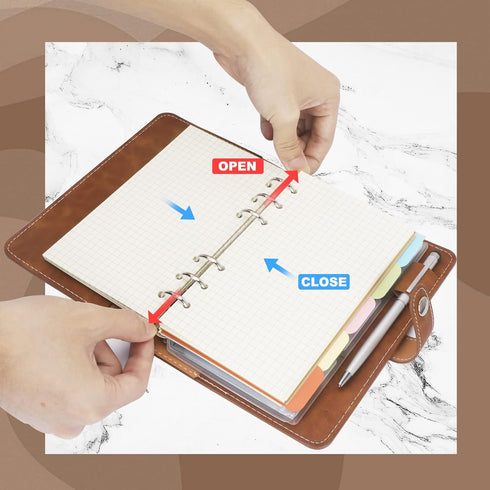 FYY Leather A6 Binder - 6 Ring Binder Notebook, Refillable Notebook A6 Planner Binder with Binder Pockets, A6 Dividers,