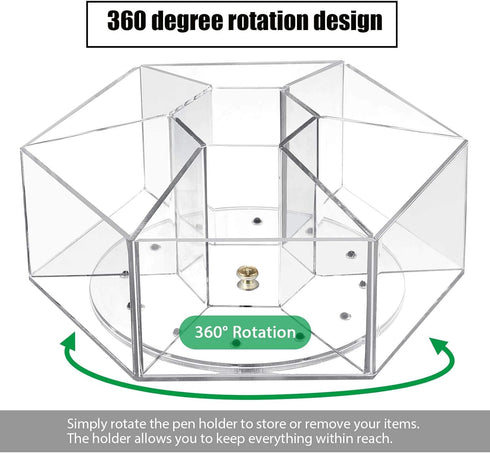 Zonon Clear Acrylic Pen Holder, 360 Degree Rotating Art Pencil Organizer with 7 Compartments for Home Office