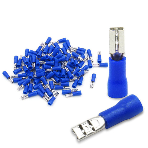 Baomain 100-Pack 0.11" Female Quick Disconnect Spade Terminals, 16-14 AWG, Blue