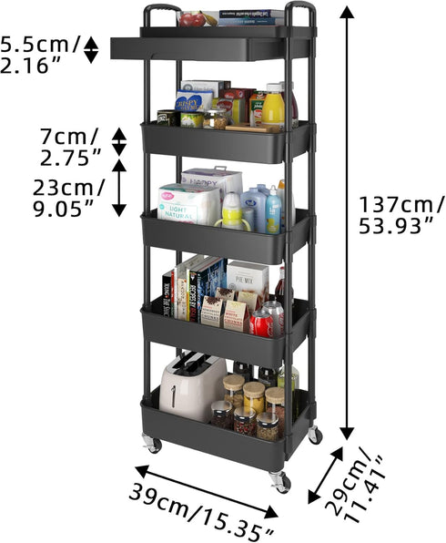 Calmootey 5-Tier Rolling Utility Cart with Drawer, Multifunctional Storage Organizer for Kitchen, Bathroom, Office,