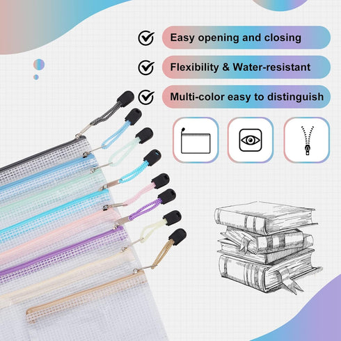 EOOUT 24pcs Waterproof Mesh Zipper Pouch, 8 Sizes, Plastic Travel Bags, Multipurpose for Office Supplies and Storage