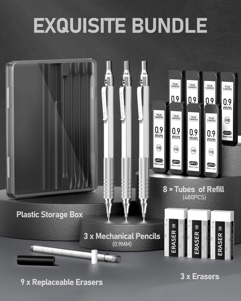 Four Candies 0.9mm Mechanical Pencil Set with Case, 3PCS Metal Artist Lead Pencil with 480PCS HB Lead Refills