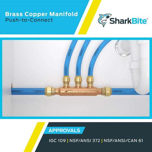 SharkBite 3/4 Inch x 1/2 Inch Outlet Multi-Port Tee, Push to Connect Brass Plumbing Fittings