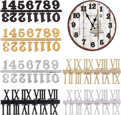 Clock Numerals Kit, DIY Digital Clock Numbers, Arabic and Roman Number Replacement Parts, Black Silver Gold (6 Pieces)