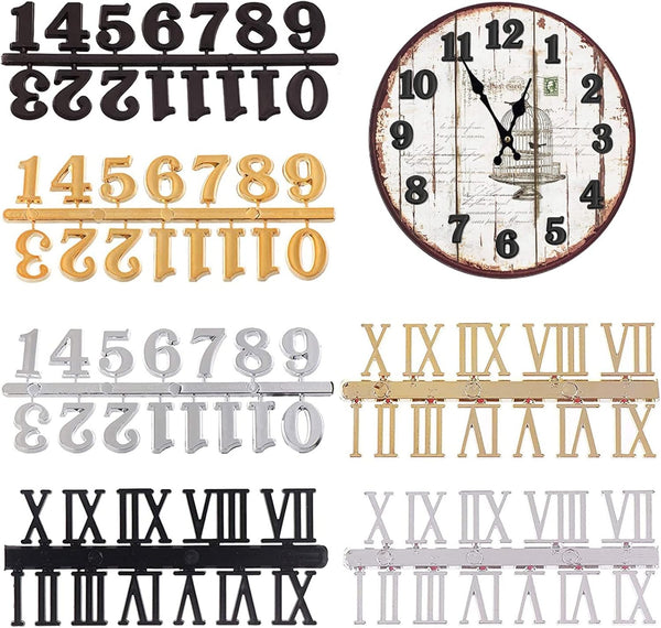 Clock Numerals Kit, DIY Digital Clock Numbers, Arabic and Roman Number Replacement Parts, Black Silver Gold (6 Pieces)
