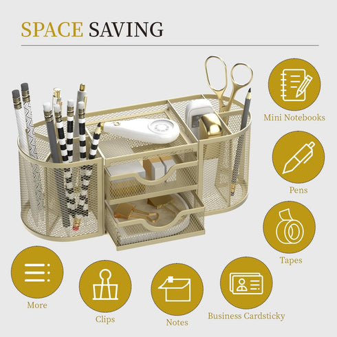 SUPEASY Mesh Desk Organizer, Desk Accessories with Pen Holder and 2 Drawers for Office Supplies - Golden Yellow