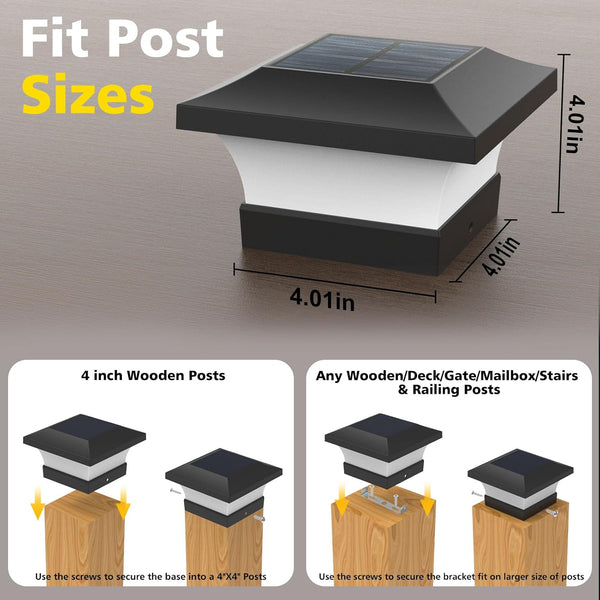 4X4 6000K Fence(2 Pack) T-SUN Solar Post Lights, Waterproof Outdoor Solar Post Cap Lights for Wooden Posts, Cool White