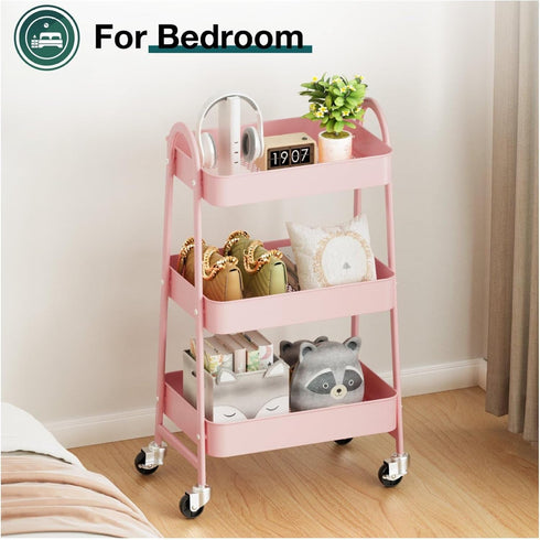 Generic 3 Tier Rolling Cart, Metal Utility Cart with Lockable Wheels - Pink Storage Organizer for Kitchen, Bathroom