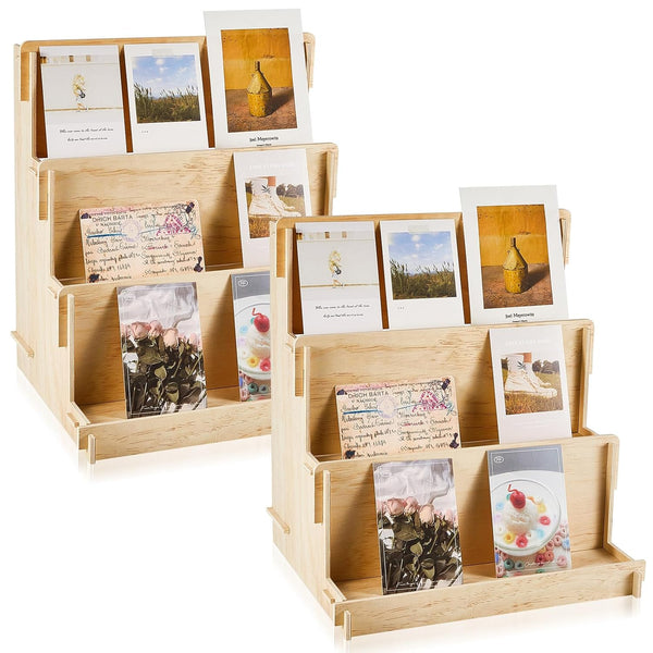 Barydat 2 Pcs 3 Tiered Greeting Card Display Stand, Wooden Organizer Racks for Sticker Craft, Brochure Tabletop