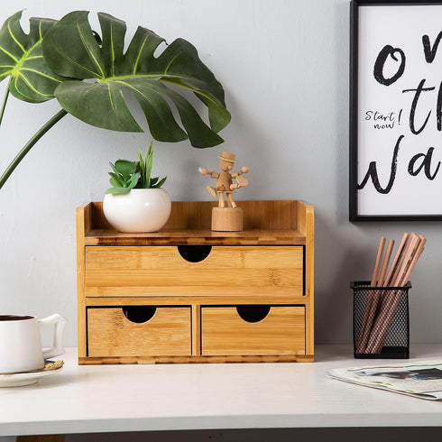 VERGOODR Rustic Distressed White 3-Tier Bamboo Desk Organizer with 3 Drawers, Mini Storage Shelf for Office Supplies