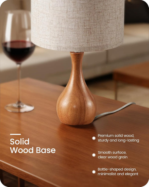 14.2" E26 LE09TL05 Small Table Lamp, Wood Bedside Lamp, Little Cute Desk Lamp with Dark Wood Bottle-Shaped Base & Beige