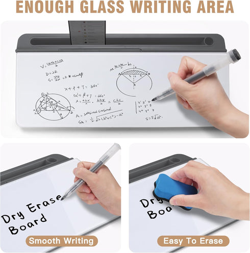 SELEAD Desktop Glass Whiteboard - Small Dry Erase Board with Organizer, Markers, Eraser, Holder for Home, School, Office