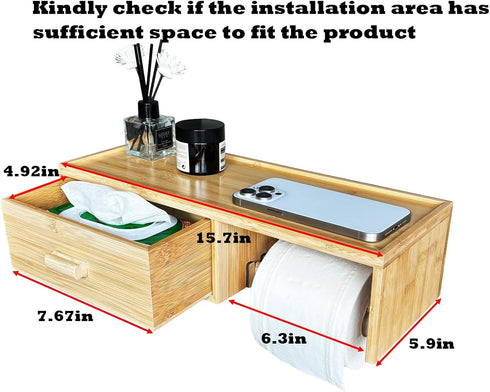 TEGUEPS Bamboo Toilet Paper Holder with Shelf,Wall Mount Bathroom Holder with Wet Wipes Storage Drawer(Natural)