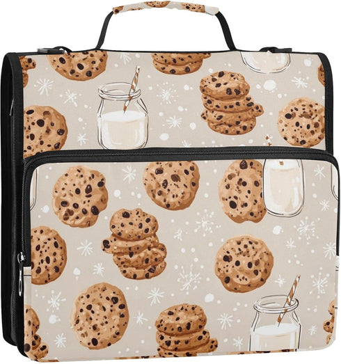 Krafig 3 Cookies Milk Pattern Cute Zipper Binder Bag Ring with Handle Shoulder Strap, Binder File Organizer Bag Storage