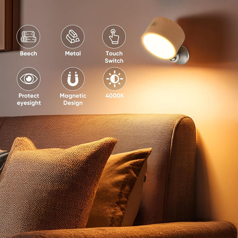moiandtoi Set 360 Dimmable Rechargeable Wall Lights Battery Operated, Battery Wall Sconces of Two for Bedroom, Wood