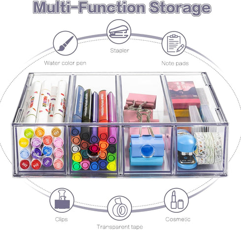 Desk Organizer with 4 Drawers, FODIENS Stackable Storage Box with Removable Drawer, Clear Organizer for Stationery,