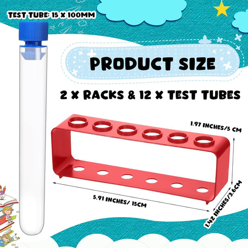 2 Sets Test Tubes with Rack, Clear Plastic with Caps and 6 Holes Holder for Scientific Experiments