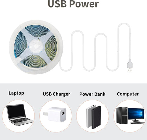 5V Lights,9.84FT/3M,Natural 4000K,320LEDs/M,8mm IP20,1M USB COB LED Strip White Width,Not Waterproof USB Cable,Flexible