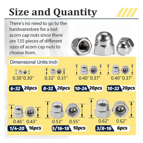 Vifmy 304 Kit(100PCS), 6#32 8#32 10#24 10#32 1/4"-20 5/16"-18 3/8"-16 Sets, Stainless Steel Acorn Nuts Assortment SAE