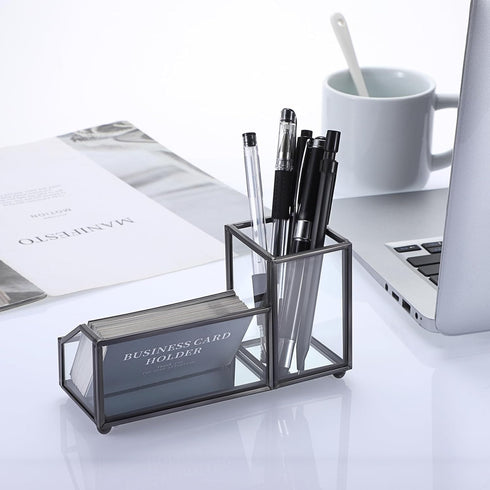 Hipiwe Glass Business Card Holder, Metal Pen Pencil Storage for Desk, Clear Business Card Display Organizer (Black)