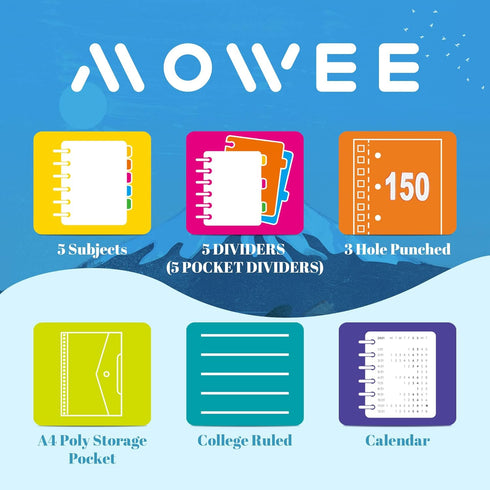 Spiral Notebook, 5 Subject College Ruled Notebook with Dividers, 300 Pages, 8.5''x11'', Black for Writing Journal Home