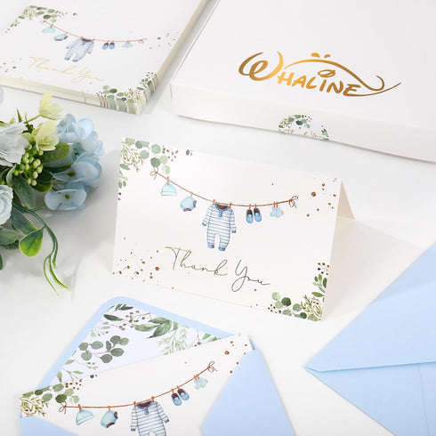 50 Pack Whaline Baby Shower Thank You Cards Boxed Blue Cloth Note Card with Envelopes Stickers Greeting Blank Cards