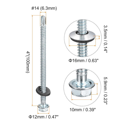 uxcell #14 x 4" Self Drilling Screws with Rubber Washer, 50pcs Zinc Plated Steel Roofing Screws Hex Head Self Tapping Screws with EPDM Washer for Metal to Metal