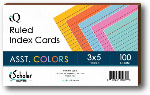 iScholar Index Cards, Ruled, Colored, 3 x 5 Inches, 100 Card Pack (03516)