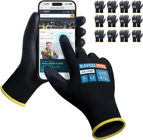 KAYGO KG11PB Safety Work Gloves, PU Coated Seamless Knit Gloves with Touchscreen, 12 Pairs for Men and Women (Large,