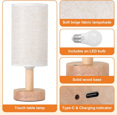 Dimming,Natural Rechargeable Cordless Touch Table Lamp with Stepless Wood Base&Linen Shade,Small Battery Wireless
