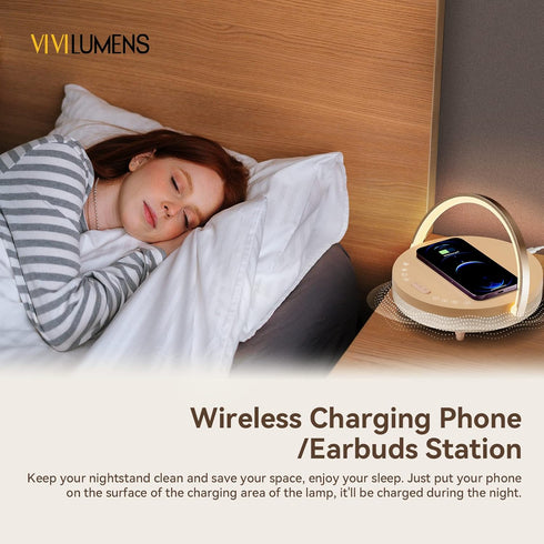 6 1 Setting Dimmable Vivilumens Birthday Gifts for Women in Bedside Lamps with Wireless Charger Bluetooth Speaker White