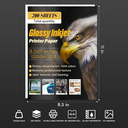 8.5x11 200 120GSM/32LB Glossy Inkjet Photo Paper In, Sheets Double-sided Thin Instant Dry Printers Tear-Resistant