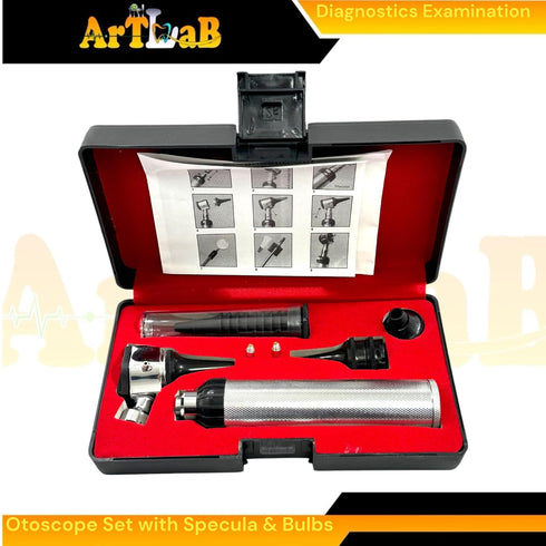 artlab 17pc Set Bulbs, Examination Otoscope with LED Disposable Specula, & Storage Case - Standard-Size Otoscope