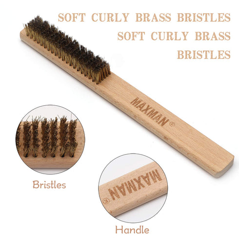 MAXMAN Brass Brush Set 4Pcs, Soft Brass Bristle Wire Brushes with 10 Inch Beechwood Handle, Metal Brush for Cleaning