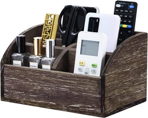 Wood Desk Organizer - Solid Dark Brown Pen Holder for Desktop, No Assembly Needed, Home Office Supplies Storage Box